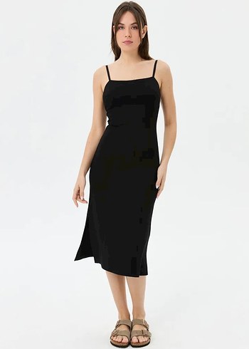 Siyah V Yakalı Uzun midi Elbise - Görsel 4