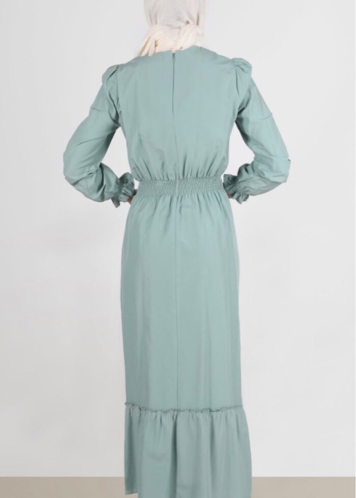 AQUA BELİ VE MANŞETLERİ BÜZGÜLÜ ELBİSE - Görsel 3