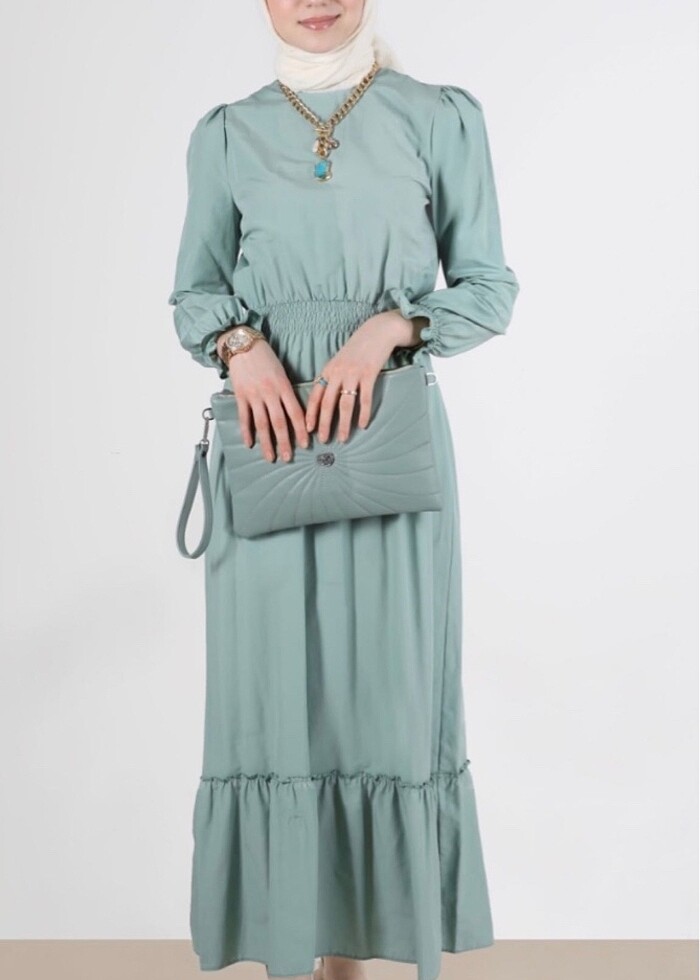 AQUA BELİ VE MANŞETLERİ BÜZGÜLÜ ELBİSE - Görsel 4