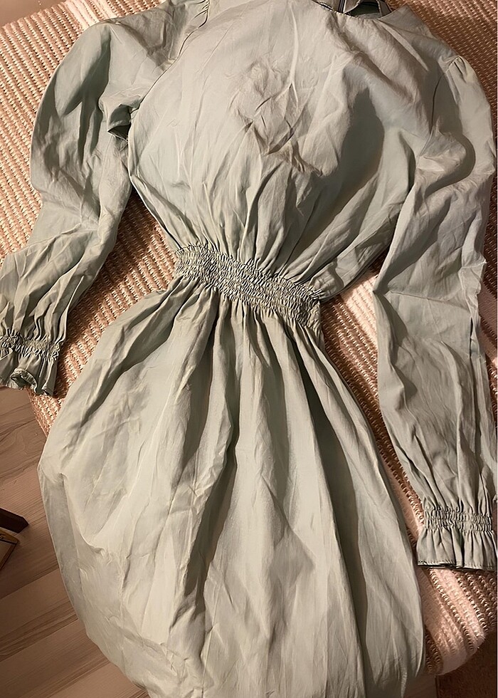 AQUA BELİ VE MANŞETLERİ BÜZGÜLÜ ELBİSE - Görsel 5