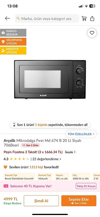 Arçelik mikrodalga Fırın