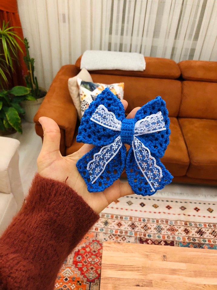 Mavi Örgü Fiyonk Saç Aksesuarı - Görsel 2