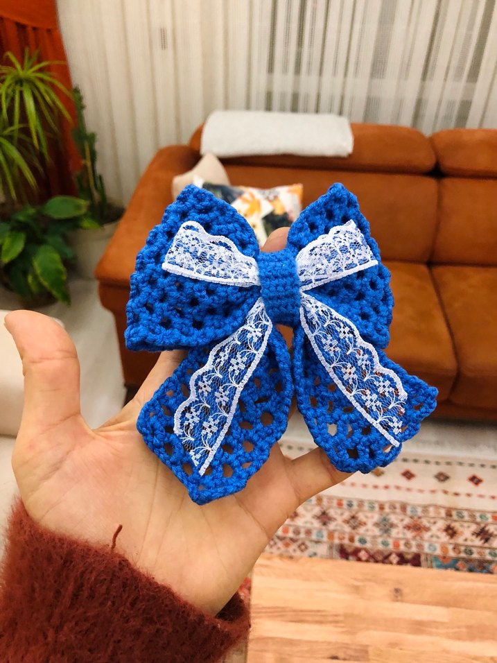Mavi Örgü Fiyonk Saç Aksesuarı - Görsel 3