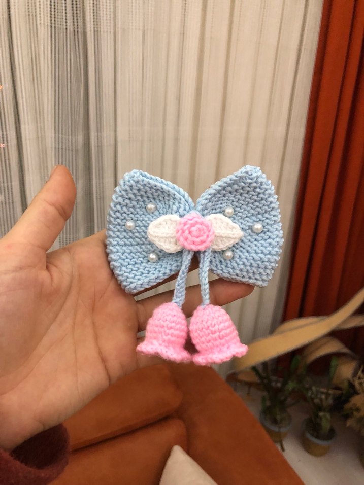 Nakışlı Mavi Pastel Fiyonk Saç Tokası - Görsel 2