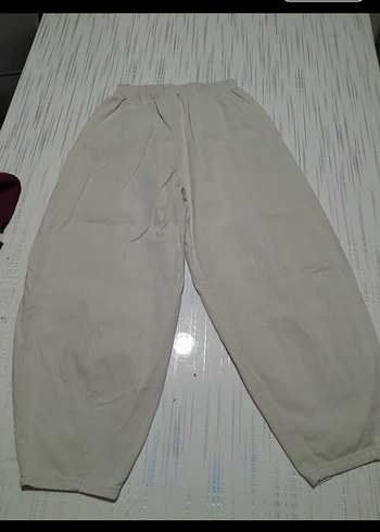 Bej Kadın Keten Rahat Kesim Pantolon - Görsel 2