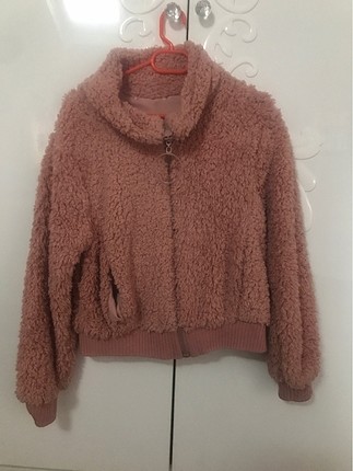 Pembe Peluş Yapağı Görünümlü İnce Ceket