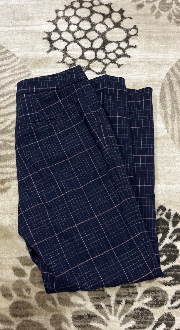 Kadın Lacivert Kareli Pilili Kumaş Pantolon - Görsel 2