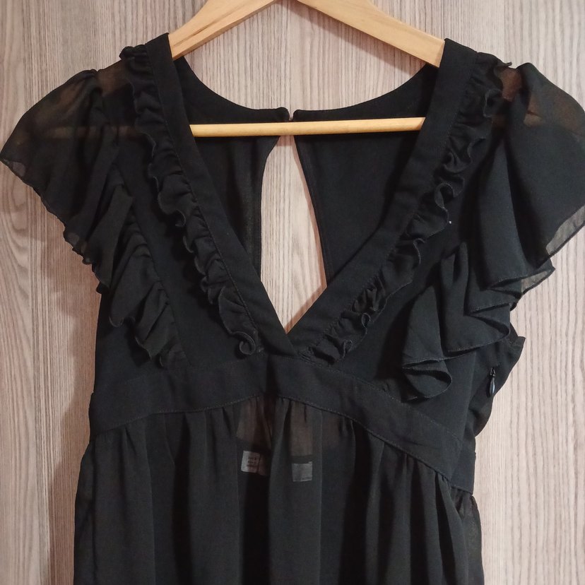 Siyah V Yakalı Fırfırlı Kadın Bluz - Görsel 2