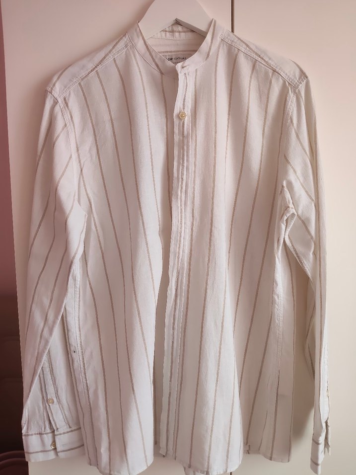 Erkek Beyaz Keten Düğmeli Uzun Kollu Gömlek - Görsel 2