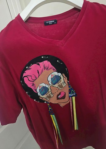 LC Waikiki Püsküllü Baskılı Kırmızı Oversize Tişört