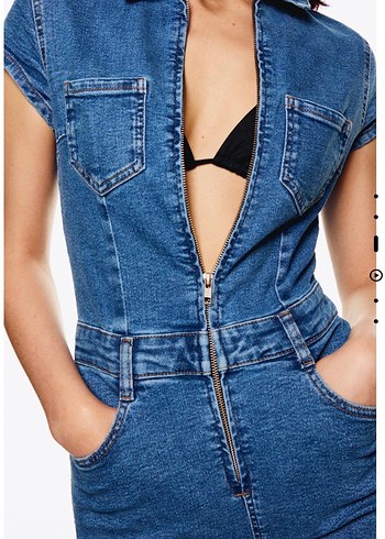 Bershka Kısa Kollu Denim Tulum - Görsel 2