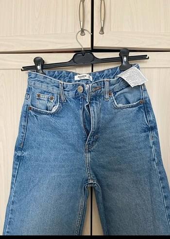 Pull and Bear Kemerli Mavi Midi Boy Kadın Kot Pantolon