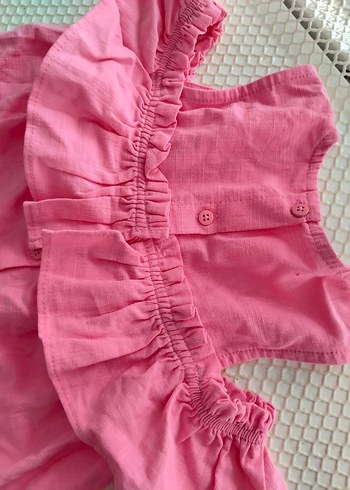 Kız Çocuk Pembe Keten Fırfırlı Elbise - Görsel 2