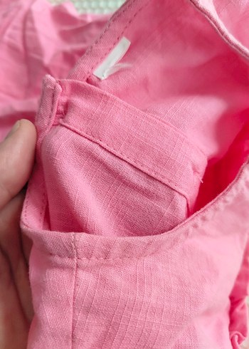 Kız Çocuk Pembe Keten Fırfırlı Elbise - Görsel 3