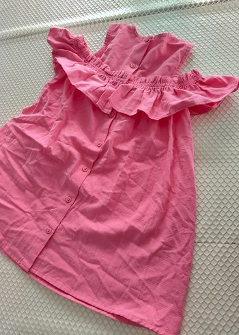 Kız Çocuk Pembe Keten Fırfırlı Elbise - Görsel 6