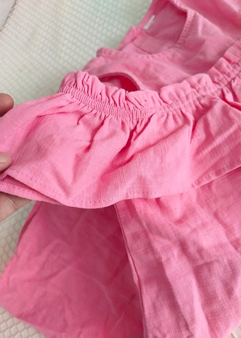 Kız Çocuk Pembe Keten Fırfırlı Elbise - Görsel 4