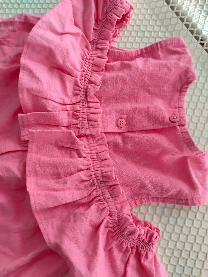 Kız Çocuk Pembe Keten Fırfırlı Elbise - Görsel 2