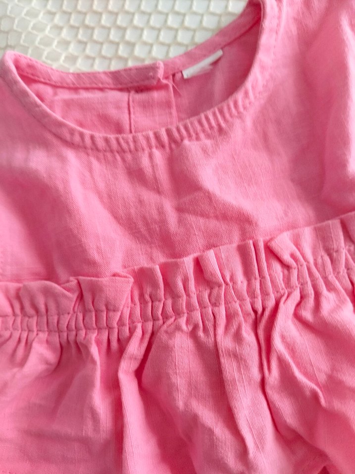 Kız Çocuk Pembe Keten Fırfırlı Elbise - Görsel 5