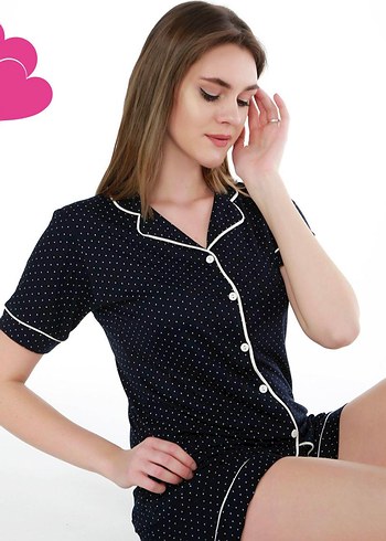 Lacivert Puantiyeli Kısa Kollu şortlu Pijama Takımı