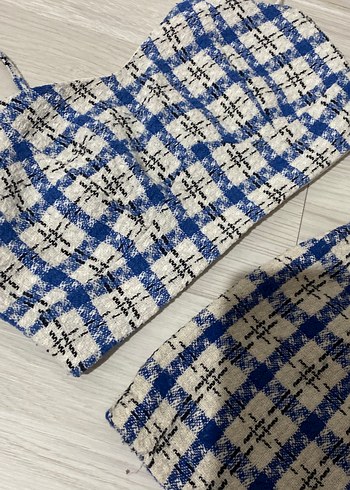 Mavi Ekoseli Örgü Mini Etek - Görsel 4