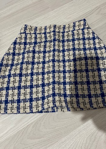 Mavi Ekoseli Örgü Mini Etek - Görsel 3