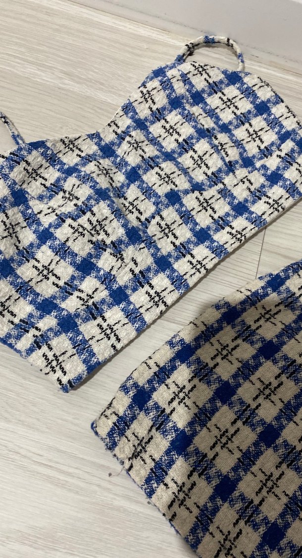 Mavi Ekoseli Örgü Mini Etek - Görsel 4