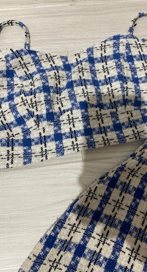 Mavi Ekoseli Örgü Mini Etek - Görsel 2