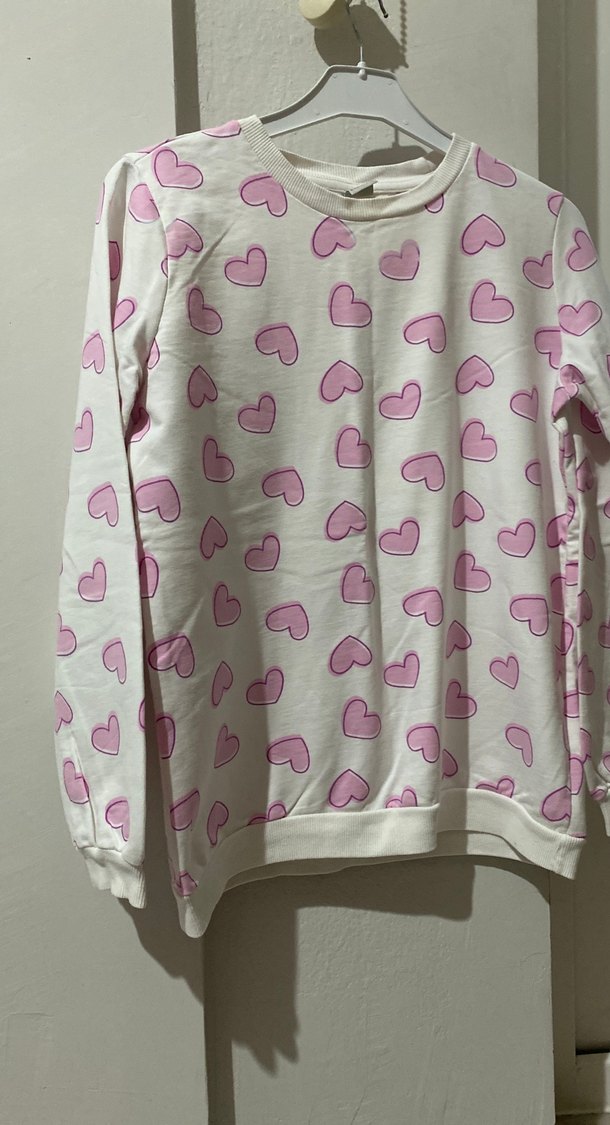 Kız Çocuk Pembe Kalp Baskılı Pamuklu Sweatshirt - Görsel 3