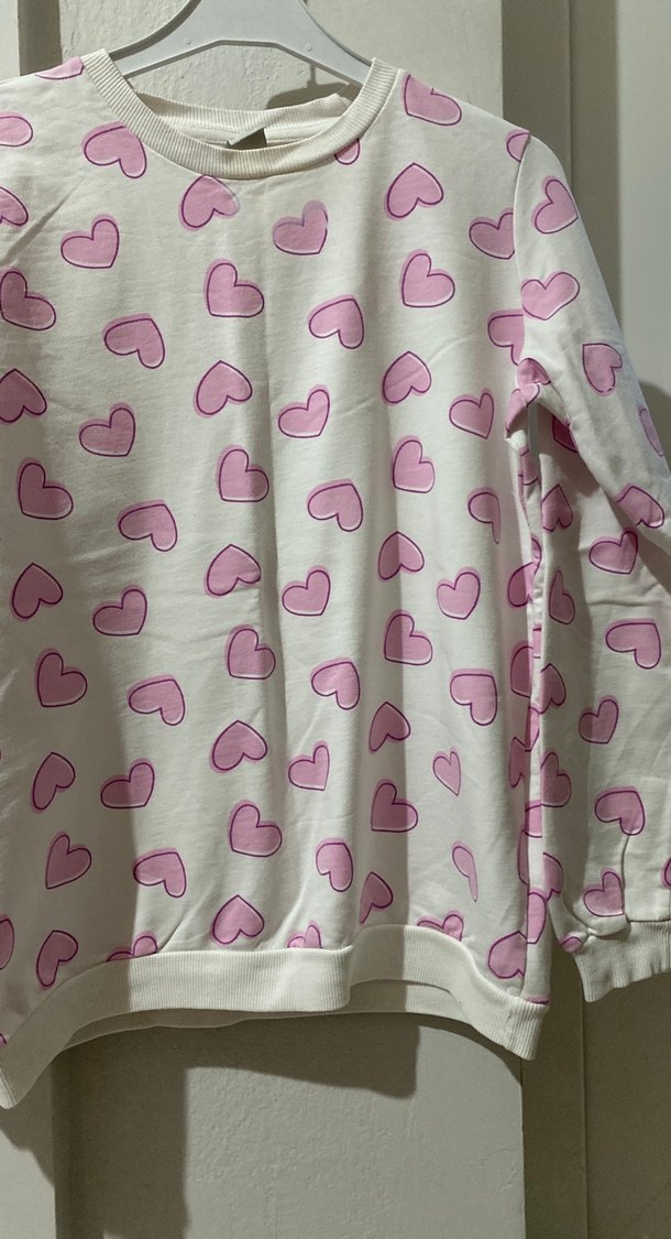 Kız Çocuk Pembe Kalp Baskılı Pamuklu Sweatshirt - Görsel 4