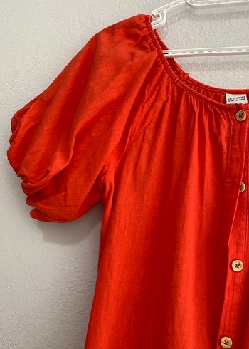 Kırmızı Keten Düğmeli Midi Elbise - Görsel 3