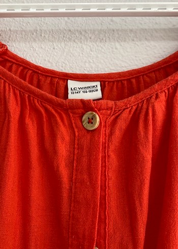 Kırmızı Keten Düğmeli Midi Elbise - Görsel 2