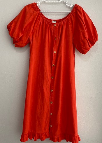 Kırmızı Keten Düğmeli Midi Elbise - Görsel 4