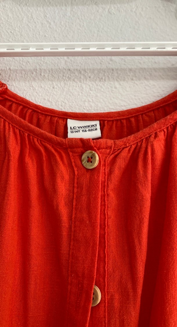 Kırmızı Keten Düğmeli Midi Elbise - Görsel 2