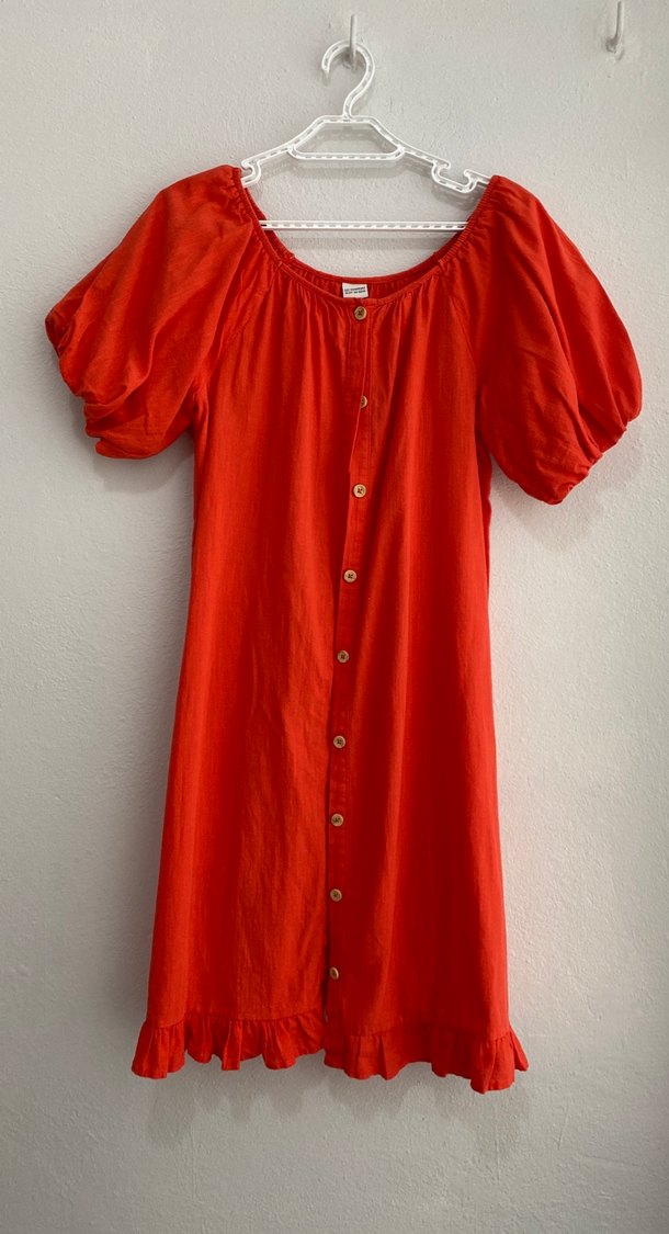 Kırmızı Keten Düğmeli Midi Elbise - Görsel 4