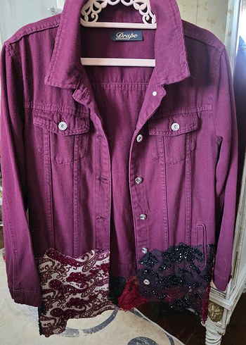 Bordo Nakışlı Bohem Kadın Denim Ceket