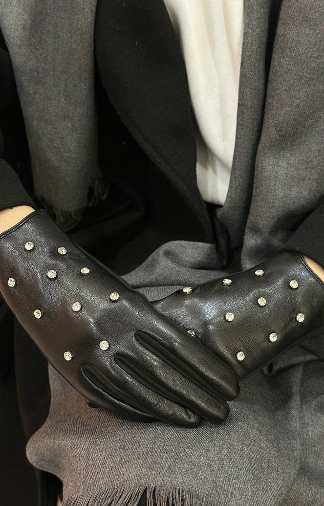 Siyah Deri Payetli Gotik Eldivenler - Görsel 2