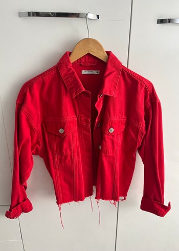 Düğmeli Kırmızı Kadın Denim Ceket