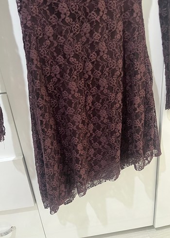 Bershka Bordo Dantel Uzun Kollu Midi Elbise
