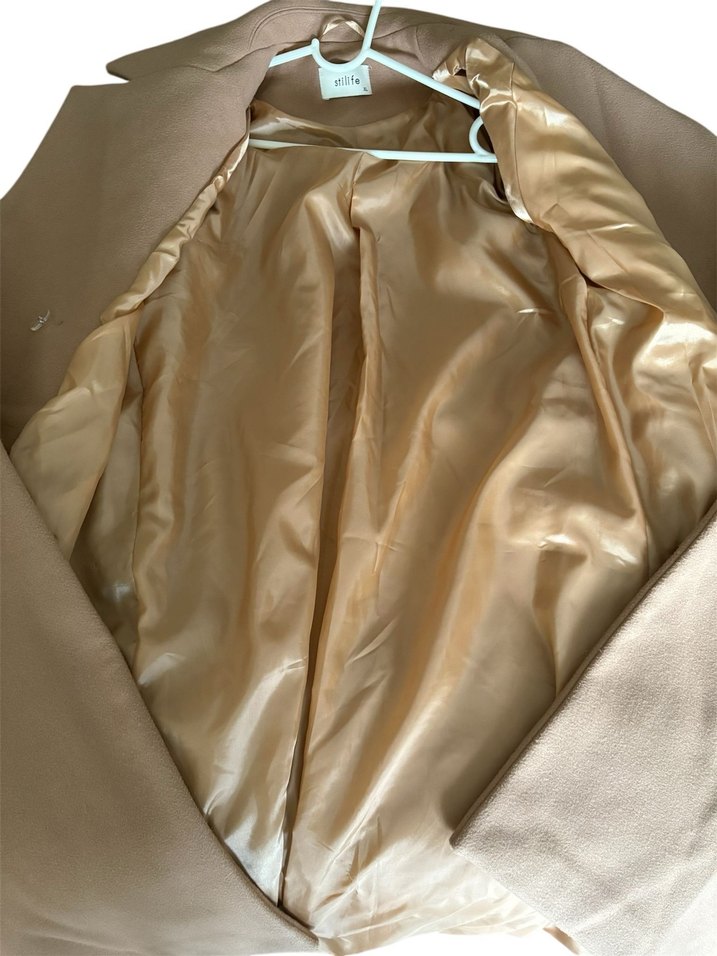 Bej Kadın Uzun yün  Kemerli Klasik Kaban - Görsel 4