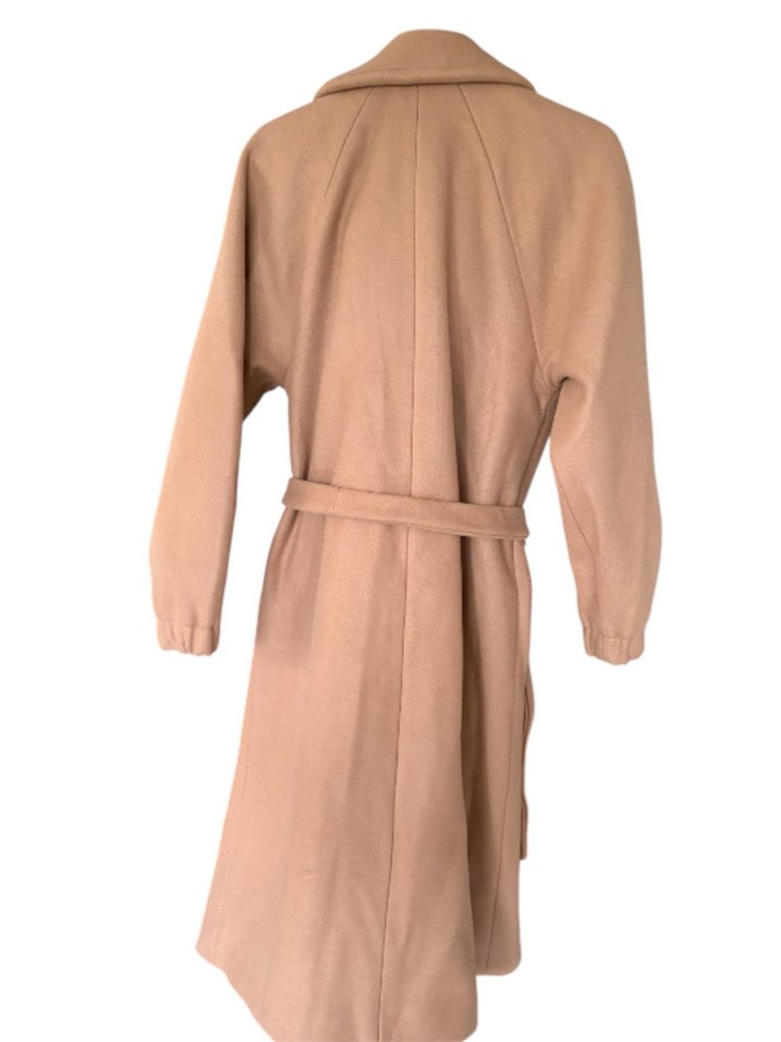 Bej Kadın Uzun yün  Kemerli Klasik Kaban - Görsel 2