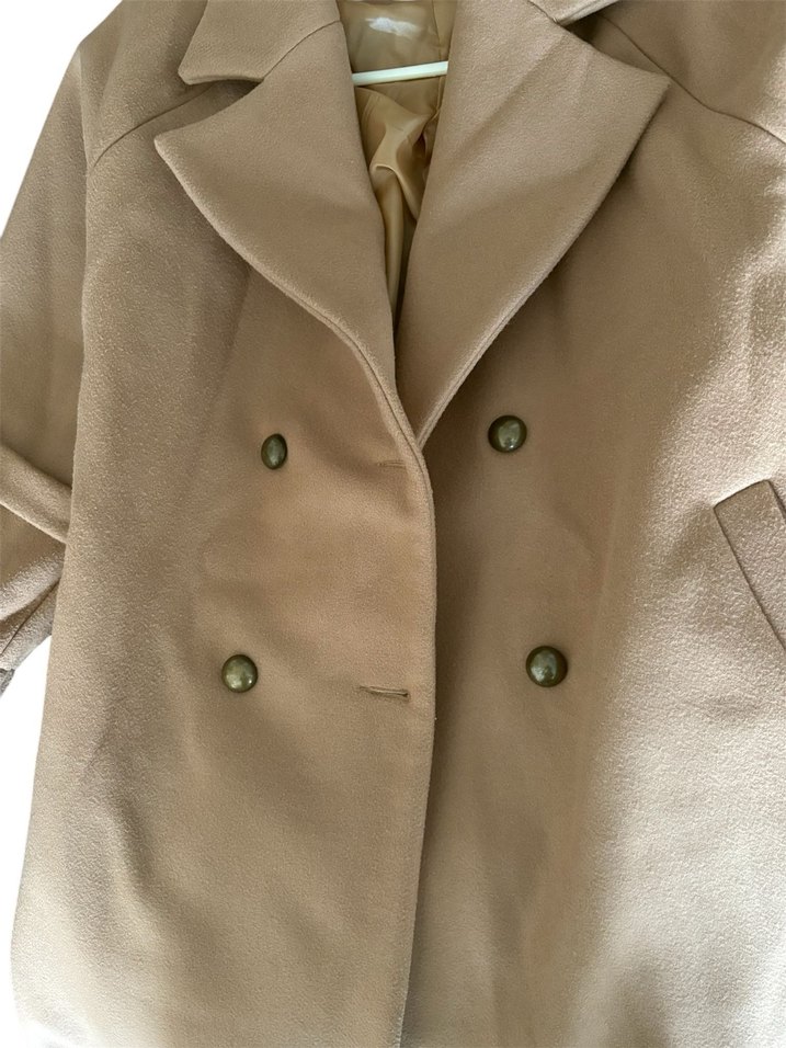 Bej Kadın Uzun yün  Kemerli Klasik Kaban - Görsel 3