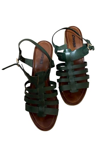 Deri Yeşil  Dolgu Topuklu Kadın Sandalet - Görsel 2