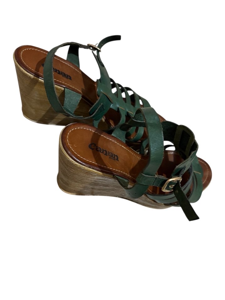 Deri Yeşil  Dolgu Topuklu Kadın Sandalet - Görsel 3