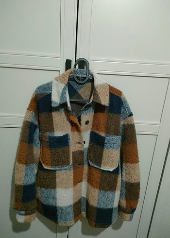 Düğmeli Ekose Desenli Kahverengi Gri Kadın ceket - Görsel 3