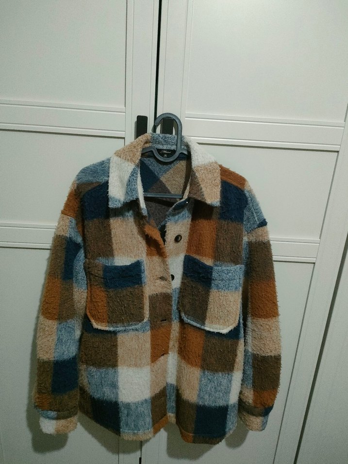 Düğmeli Ekose Desenli Kahverengi Gri Kadın ceket - Görsel 3