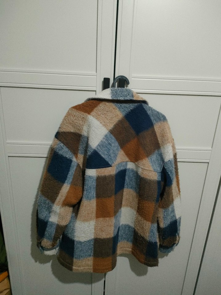 Düğmeli Ekose Desenli Kahverengi Gri Kadın ceket - Görsel 4