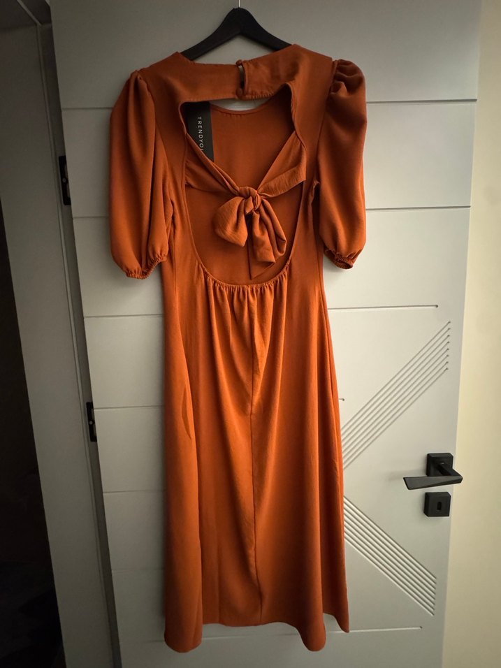 Parlak Kahverengi Salaş Uzun Elbise - Görsel 2