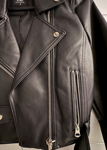 Kemerli Siyah Deri Biker Ceket - Görsel 5