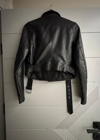 Kemerli Siyah Deri Biker Ceket - Görsel 3