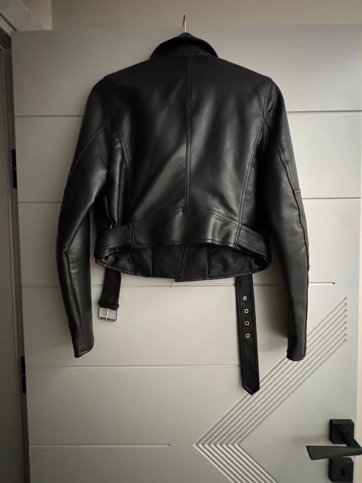 Kemerli Siyah Deri Biker Ceket - Görsel 3